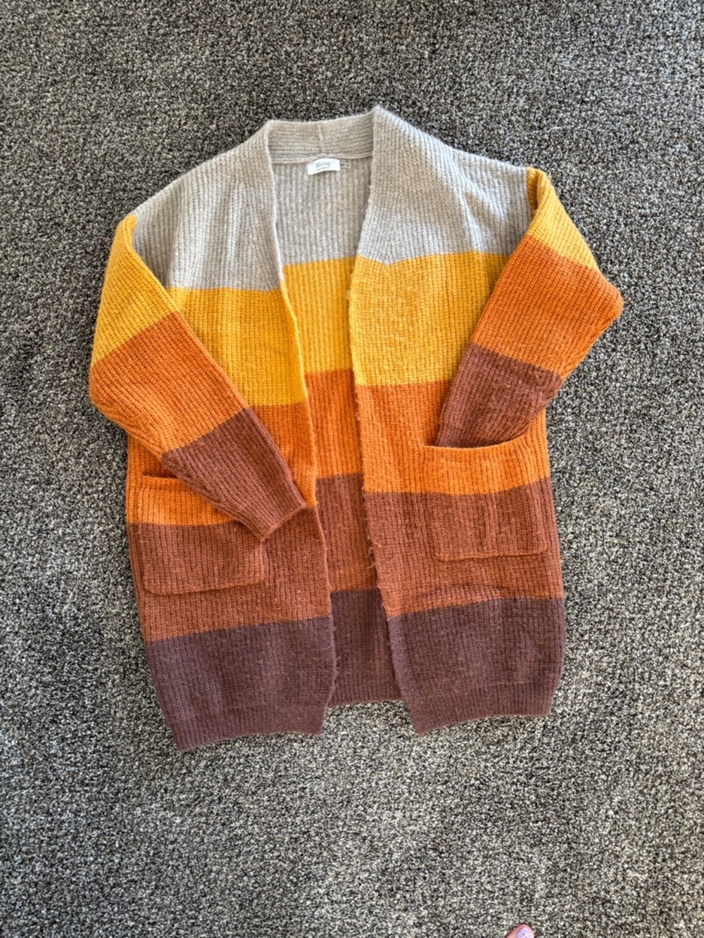 Bluivy Striped Open-Front Cardigan in Gray, Yellow, Orange, Brown